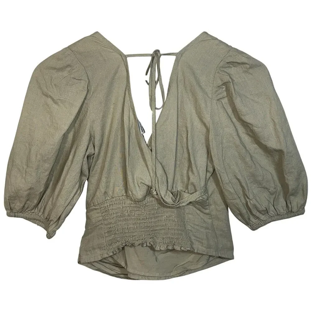 Abercrombie & Fitch Tan Beige Linen Wrap Puff Sleeve Smocked Blouse Womens Sz XS